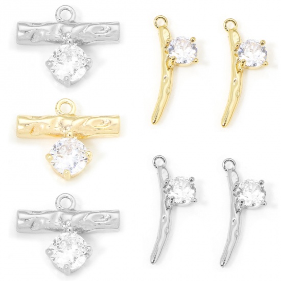 Picture of 2 PCs Eco-friendly Brass Charms Real Gold Plated Branch Clear Cubic Zirconia