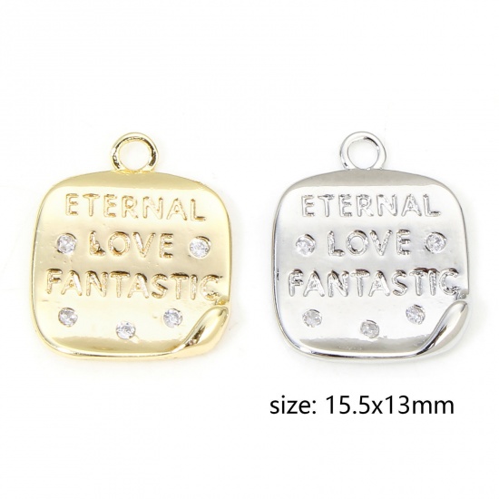 Immagine di 2 PCs Eco-friendly Brass Valentine's Day Charms Real Gold Plated Square Initial Alphabet/ Capital Letter Clear Cubic Zirconia 15.5mm x 13mm
