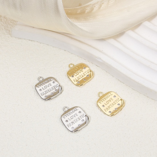Immagine di 2 Pz Ecologico Ottone San Valentino Charms Quadrato Oro riempito Lettera Maiuscola Trasparente Cubic Zirconiae 15.5mm x 13mm