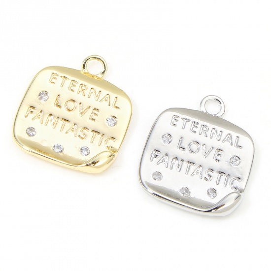 Immagine di 2 PCs Eco-friendly Brass Valentine's Day Charms Real Gold Plated Square Initial Alphabet/ Capital Letter Clear Cubic Zirconia 15.5mm x 13mm