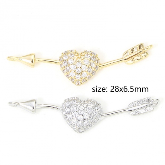 Picture of 1 Piece Eco-friendly Brass Valentine's Day Connectors Charms Pendants Heart Arrow Real Gold Plated Micro Pave Clear Cubic Zirconia 28mm x 6.5mm