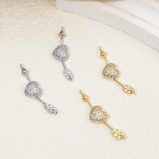 Picture of 1 Piece Eco-friendly Brass Valentine's Day Connectors Charms Pendants Heart Arrow Real Gold Plated Micro Pave Clear Cubic Zirconia 28mm x 6.5mm