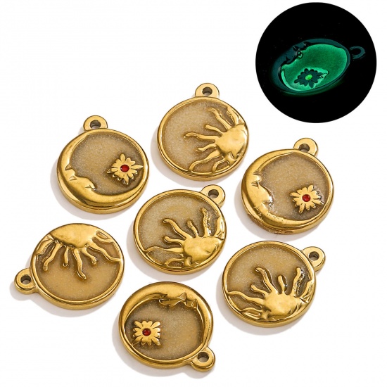 Picture of 1 Piece 304 Stainless Steel Charms 18K Gold Color Round Sun Glow In The Dark Luminous 22mm x 18mm