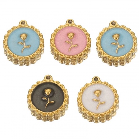 1 個 304ステンレス鋼 バレンタイン・デー チャーム 円形 18Kゴールドメッキ ローズ エナメル 18mm x 16mm、