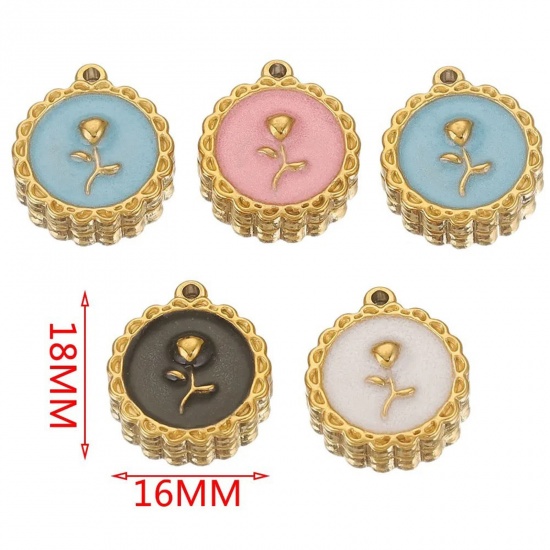 Immagine di 1 Piece 304 Stainless Steel Valentine's Day Charms 18K Gold Color Round Rose Flower Enamel 18mm x 16mm