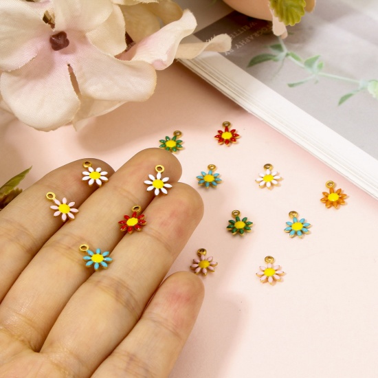 Picture of 10 PCs 304 Stainless Steel Charms 18K Gold Color Daisy Flower Enamel 10mm x 7.5mm