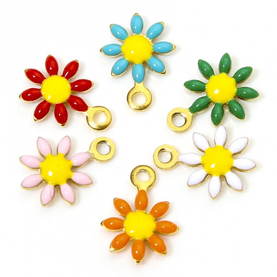 Picture of 10 PCs 304 Stainless Steel Charms 18K Gold Color Daisy Flower Enamel 10mm x 7.5mm