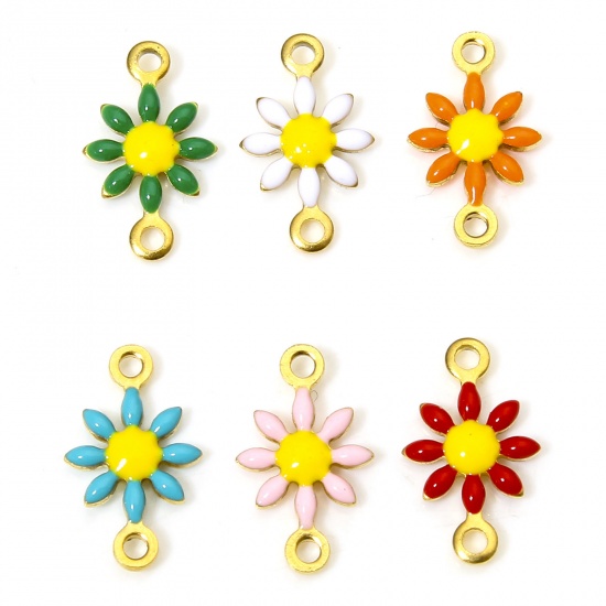Picture of 304 Stainless Steel Connectors Charms Pendants 18K Gold Plated Daisy Flower Double-sided Enamel 13mm x 7.5mm