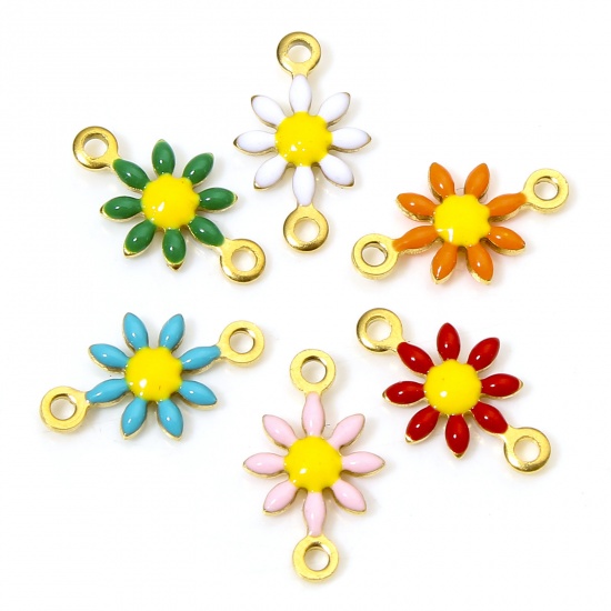 Picture of 304 Stainless Steel Connectors Charms Pendants 18K Gold Plated Daisy Flower Double-sided Enamel 13mm x 7.5mm