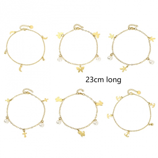 Imagen de 1 Unidad 304 Acero Inoxidable Cable Cadena Cruz Tobilleras Chapado en Oro Con Broche de Langosta y Extensor Cadena Luna Media Cruz