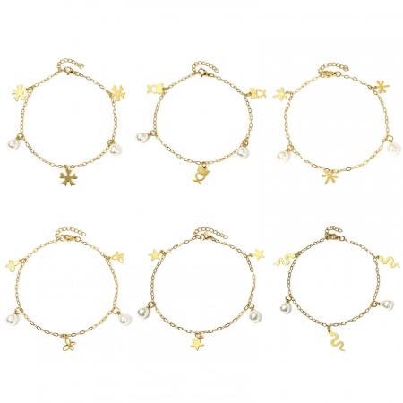 304 Stainless Steel Link Cable Chain Anklet Gold Plated With Lobster Claw Clasp And Extender Chain Owl Animal Dragonfly 23cm(9") long