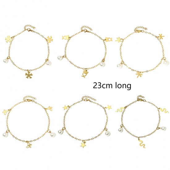 Picture of 304 Stainless Steel Link Cable Chain Anklet Gold Plated With Lobster Claw Clasp And Extender Chain Owl Animal Dragonfly 23cm(9") long