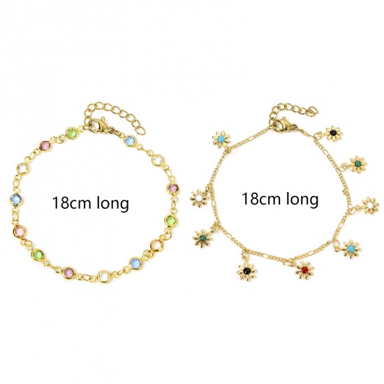 Изображение 1 Piece 304 Stainless Steel Link Cable Chain Bracelets Gold Plated Round Cabochon Settings 18cm(7 1/8") long