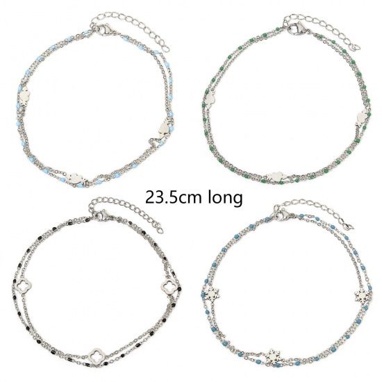 Picture of 304 Stainless Steel Double Layer Handmade Link Chain Anklet Silver Tone With Lobster Claw Clasp And Extender Chain 23.5cm(9 2/8") long