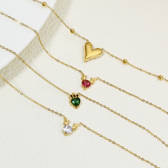 Picture of Eco-friendly Vacuum Plating Sweet & Cute Exquisite 18K Real Gold Plated Multicolor 304 Stainless Steel & Rhinestone Link Cable Chain Deer Animal Pendant Necklace For Women Engagement