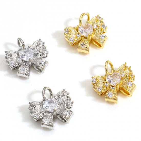 Immagine di 2 PCs Eco-friendly Brass Clothes Charms Real Gold Plated Bowknot Micro Pave Clear Cubic Zirconia 13mm x 12mm