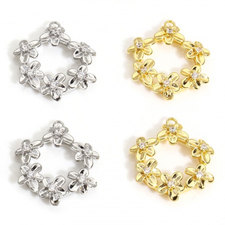 2 Pcs Breloques en Laiton Respectueux de la Nature Plaqué Or Véritable Couronne Micro Pave à Zircone Cubique Clair 19mm x 17mm