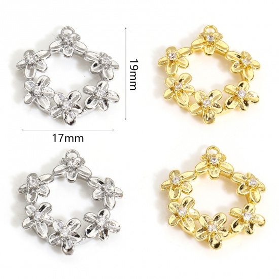 Immagine di 2 PCs Eco-friendly Brass Charms Real Gold Plated Wreath Micro Pave Clear Cubic Zirconia 19mm x 17mm