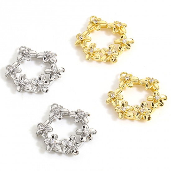 Immagine di 2 PCs Eco-friendly Brass Charms Real Gold Plated Wreath Micro Pave Clear Cubic Zirconia 19mm x 17mm