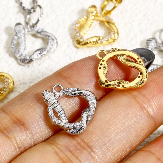 2 PCs Eco-friendly Brass Charms Real Gold Plated Snake Animal Micro Pave Clear Cubic Zirconia 15mm x 13mm の画像