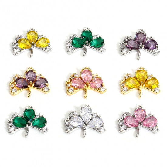 Immagine di 1 Piece Eco-friendly Brass Charms Real Gold Plated Leaf Multicolour Cubic Zirconia 19mm x 16mm