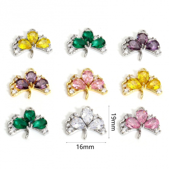 Immagine di 1 Piece Eco-friendly Brass Charms Real Gold Plated Leaf Multicolour Cubic Zirconia 19mm x 16mm