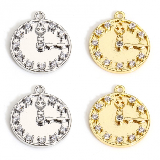 Immagine di 2 PCs Eco-friendly Brass Charms 18K Real Gold Plated Clock Micro Pave Clear Cubic Zirconia 17mm x 15mm