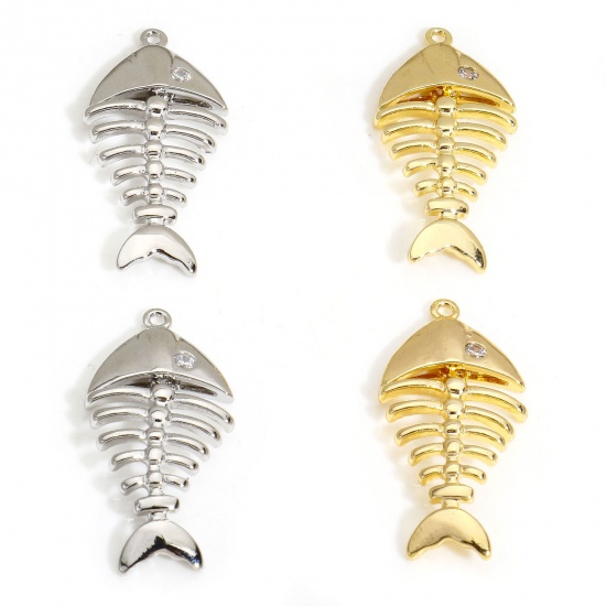 Picture of 2 PCs Eco-friendly Brass Ocean Jewelry Charms Real Gold Plated Fish Bone Clear Cubic Zirconia 28mm x 13mm
