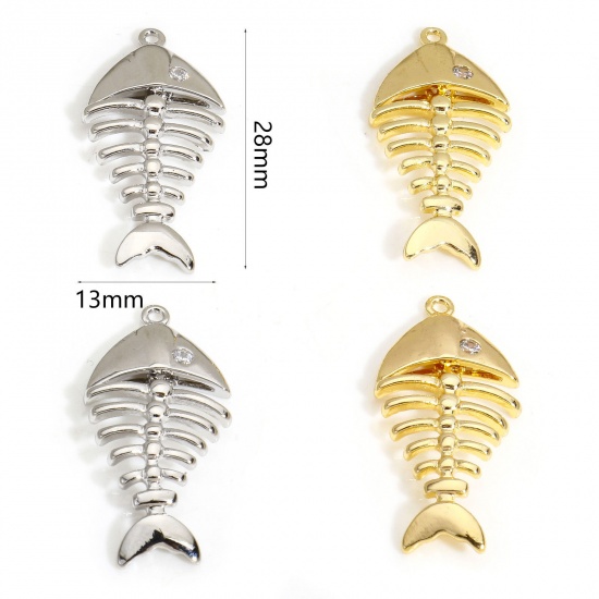 Immagine di 2 PCs Eco-friendly Brass Ocean Jewelry Charms Real Gold Plated Fish Bone Clear Cubic Zirconia 28mm x 13mm