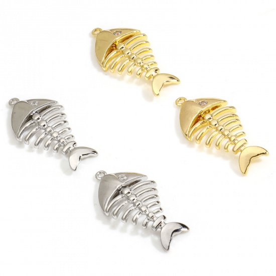 Picture of 2 PCs Eco-friendly Brass Ocean Jewelry Charms Real Gold Plated Fish Bone Clear Cubic Zirconia 28mm x 13mm