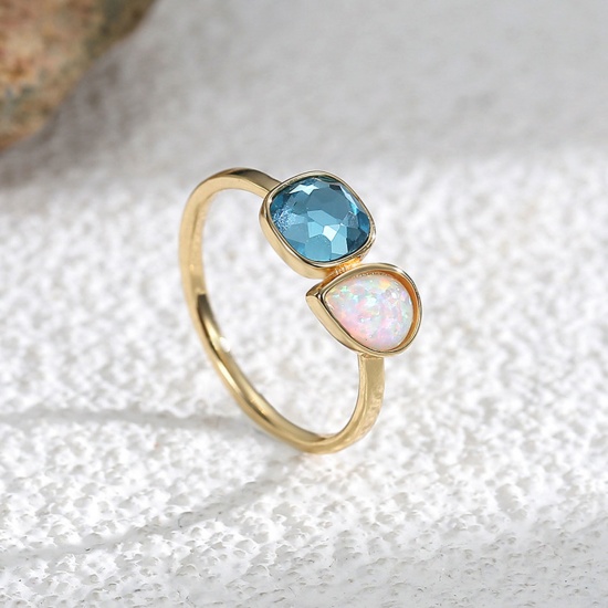 Picture of Eco-friendly Vacuum Plating Simple & Casual Stylish 18K Real Gold Plated Brass & Rhinestone Unadjustable Drop Round Imitation Opal Rings For Women Party