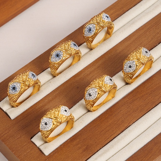 Picture of Eco-friendly Vacuum Plating Simple & Casual Retro 18K Real Gold Plated Multicolor 304 Stainless Steel & Rhinestone Unadjustable Owl Animal Rings For Women