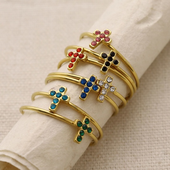 Picture of Eco-friendly Vacuum Plating Stylish Religious 18K Real Gold Plated Multicolor 304 Stainless Steel & Rhinestone Open Cross Micro Pave Rings For Women Coming-of-age Gift