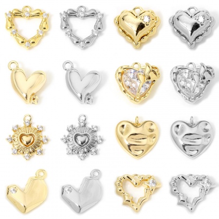 Eco-friendly Brass Valentine's Day Charms Real Gold Plated Heart Clear Cubic Zirconia