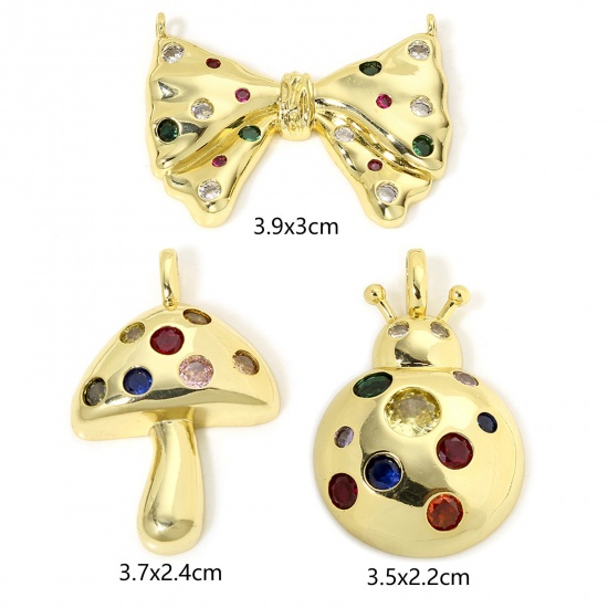 Immagine di 1 Pz Ecologico Ottone Ciondoli Fungo 18K Oro riempito Coccinella Multicolore Cubic Zirconiae