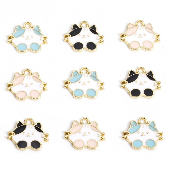 Picture of 10 PCs Zinc Based Alloy Charms Gold Plated Cat Animal Enamel 17mm x 14mm