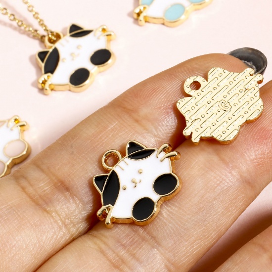 Picture of 10 PCs Zinc Based Alloy Charms Gold Plated Cat Animal Enamel 17mm x 14mm