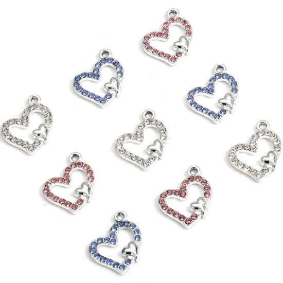 Picture of 10 PCs Zinc Based Alloy Valentine's Day Charms Multicolor Heart Micro Pave 18mm x 15mm