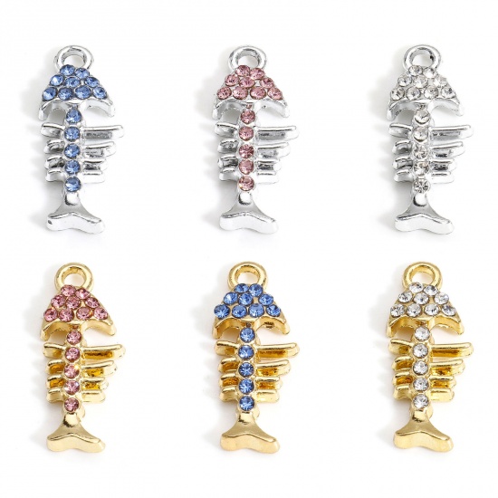 Picture of 10 PCs Zinc Based Alloy Ocean Jewelry Charms Multicolor Fish Bone Micro Pave 22mm x 9mm