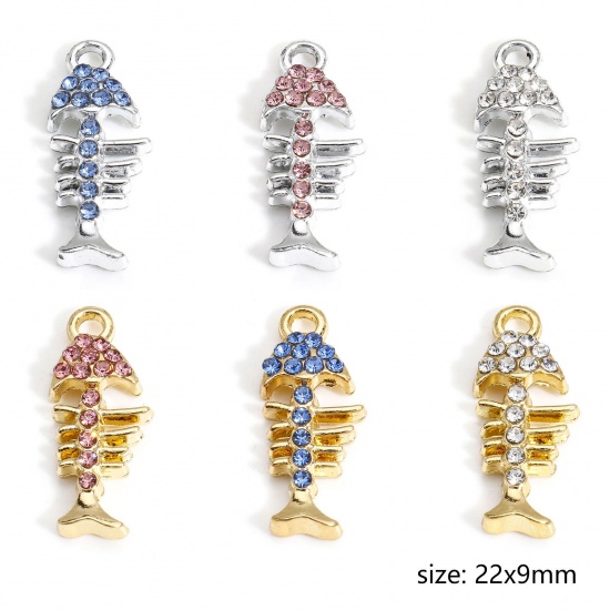 Image de 10 PCs Zinc Based Alloy Ocean Jewelry Charms Multicolor Fish Bone Micro Pave 22mm x 9mm