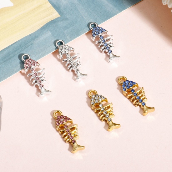 Picture of Zinc Based Alloy Ocean Jewelry Charms Multicolor Fish Bone Micro Pave 22mm x 9mm
