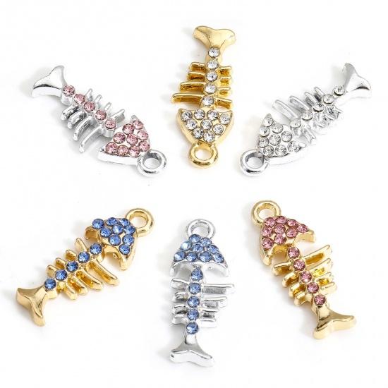Immagine di 10 PCs Zinc Based Alloy Ocean Jewelry Charms Multicolor Fish Bone Micro Pave 22mm x 9mm