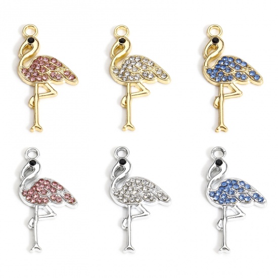 Picture of 10 PCs Zinc Based Alloy Charms Multicolor Flamingo Micro Pave 28mm x 15mm