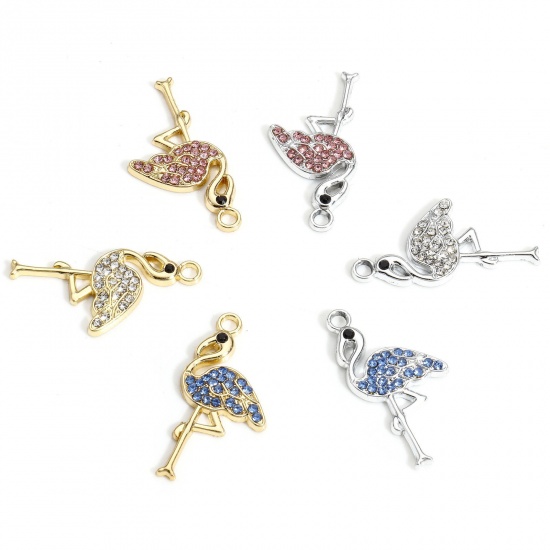 Picture of 10 PCs Zinc Based Alloy Charms Multicolor Flamingo Micro Pave 28mm x 15mm