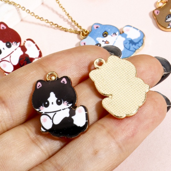Picture of 10 PCs Zinc Based Alloy Charms Multicolor Cat Animal Enamel 22mm x 17mm
