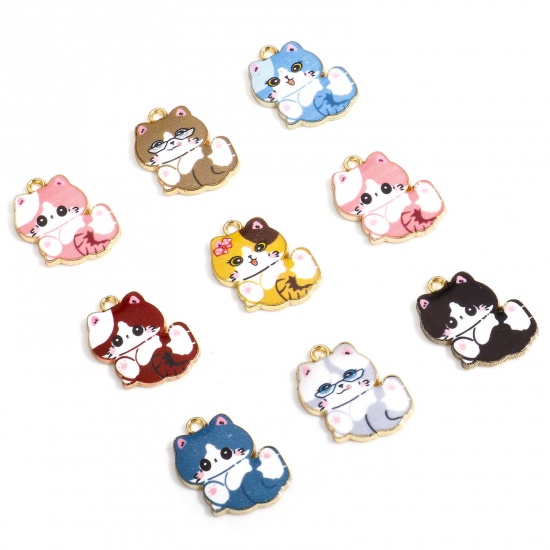 Picture of 10 PCs Zinc Based Alloy Charms Multicolor Cat Animal Enamel 22mm x 17mm