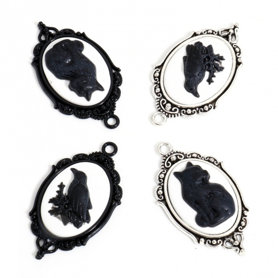 Picture of Zinc Based Alloy Halloween Pendants Multicolor Crow Bird Cat With Resin Cabochons