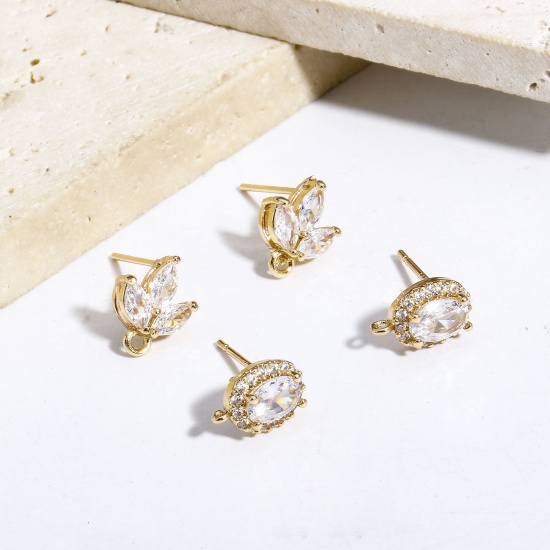 Picture of Brass Ear Post Stud Earring With Loop Connector Accessories Gold Plated Clear Cubic Zirconia