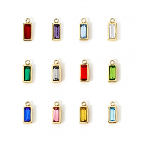 Eco-friendly PVD Vacuum Plating 304 Stainless Steel Birthstone Charms 14K Real Gold Plated Rectangle Mini Multicolour Cubic Zirconia