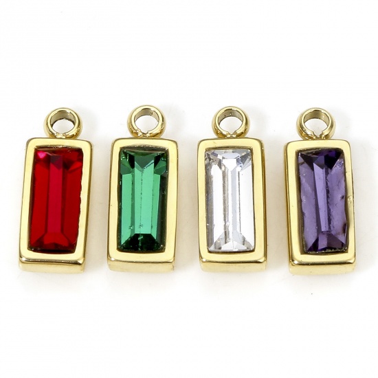 Изображение Eco-friendly Vacuum Plating 304 Stainless Steel Birthstone Charms Gold Plated Rectangle Trapezoid Multicolor Rhinestone